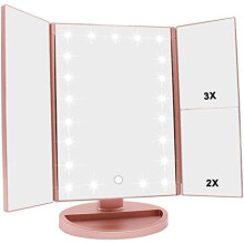 WEILY Tri-fold Vanity Mirror, 21 LEDs and 2X/3X Magnification, Touch Switch for Adjusting Brightness, Dual Power Supply mode Makeup Mirror (Rose Gold)