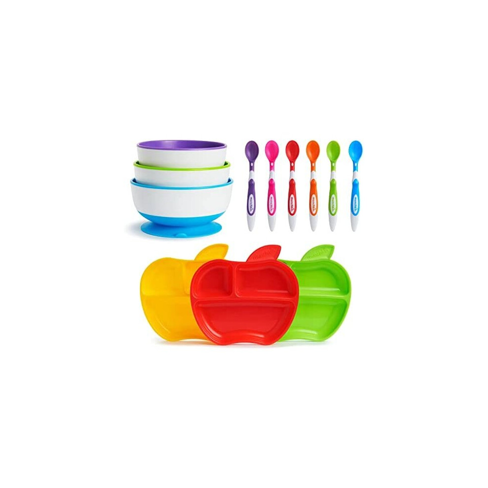 Munchkin Weaning Set, Includes 3x Stay Put Suction Bowls, 3x Little Apple Divided Plates & 6x Soft Tip Spoons