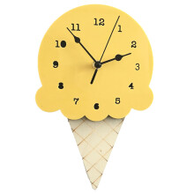 (Yellow) Wooden Ice Cream Shape Clock Cartoon Mute Wall Clock Arabic Numerals Room Decor