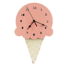 (Pink) Wooden Ice Cream Shape Clock Cartoon Mute Wall Clock Arabic Numerals Room Decor