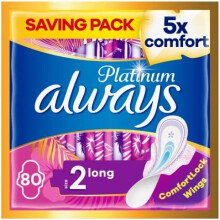 Always Platinum Sanitary Towels with Wings, Size 2, Long, 80 Towels (20 x 4 Packs), SAVING PACK, Odour Neutraliser, 5x Comfort