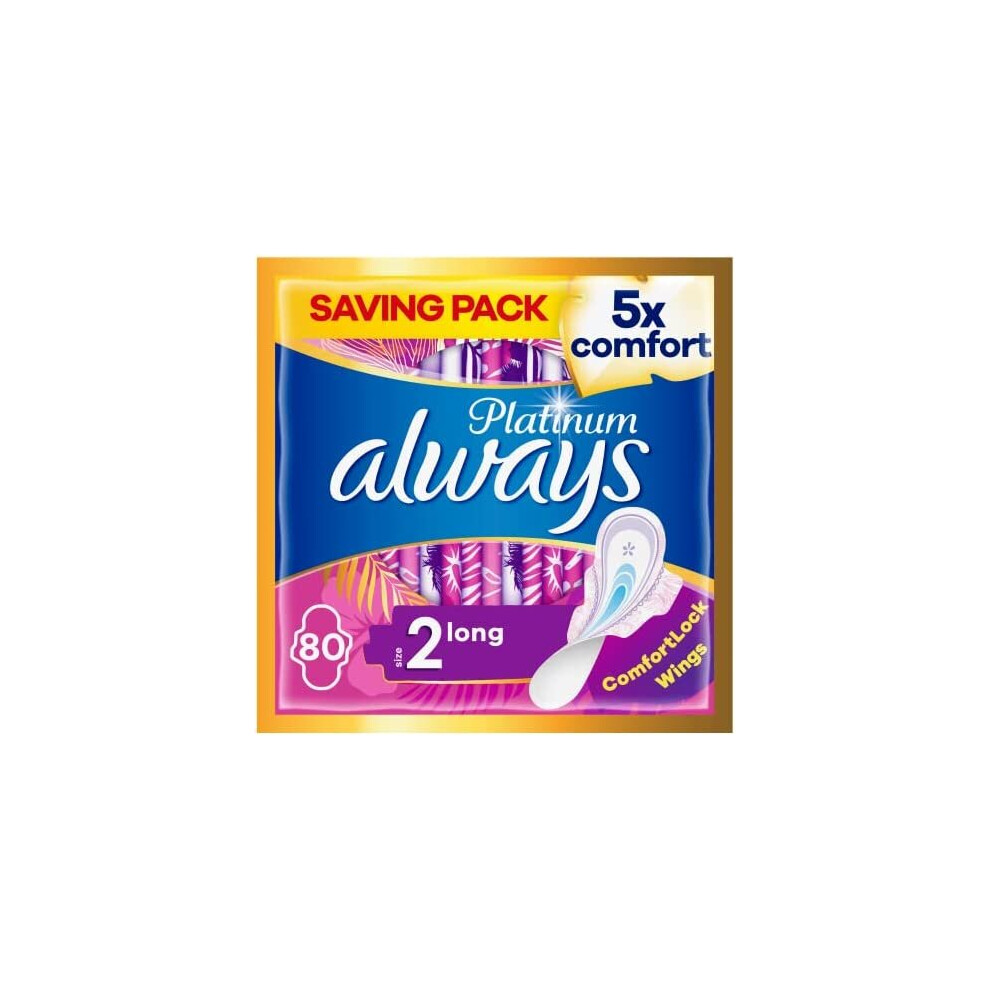 Always Platinum Sanitary Towels with Wings, Size 2, Long, 80 Towels (20 x 4 Packs), SAVING PACK, Odour Neutraliser, 5x Comfort