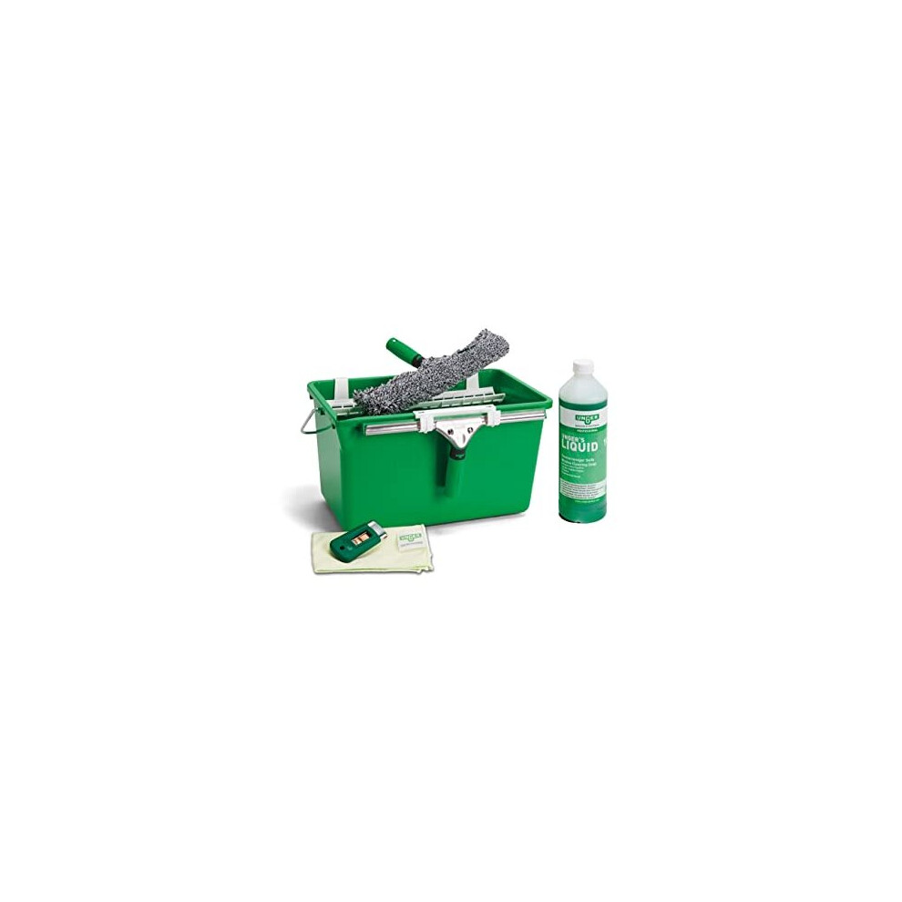 UNGER Window Cleaning Kit PRO Set - Power Washer Sleeve, ErgoTec Squeegee, Bucket 18L, Liquid Glass Cleaner 1L, Safety Glass Scraper, Microfibre Cloth