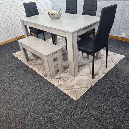 Grey Dining Table With 4 Black Metal Chairs & 1 Bench Dining Room Set 2