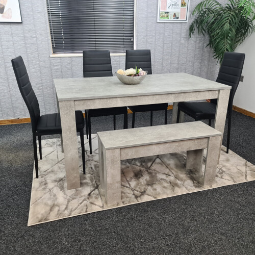 Grey Dining Table With 4 Black Metal Chairs & 1 Bench Dining Room Set 1