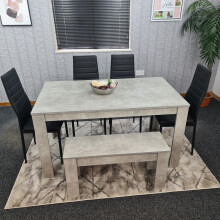 Grey Dining Table With 4 Black Metal Chairs & 1 Bench Dining Room Set