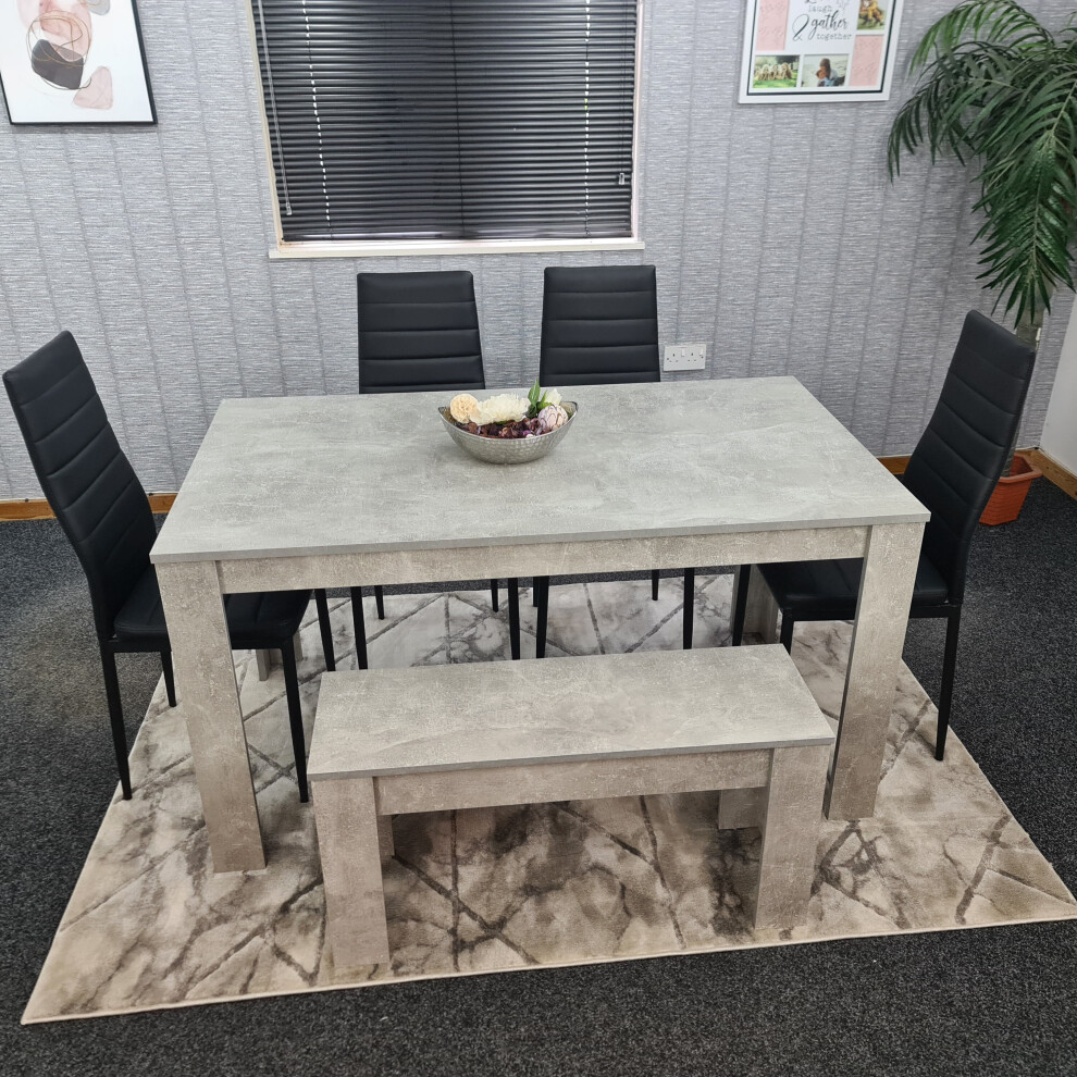 Grey Dining Table With 4 Black Metal Chairs & 1 Bench Dining Room Set