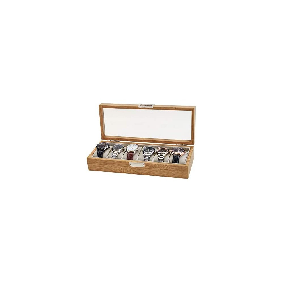 6-Slot Watch Box for Men and Women Wooden Watch Display Case with Glass Lid Watch Storage Organiser Box