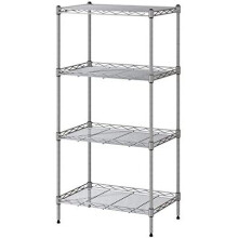 VOONEEN 4 Tier Shelf Shelving Units, Multipurpose Metal Modern Small Storage Rack with 4 Hooks, Stainless Steel Wire Organisation Suitable For Pantry
