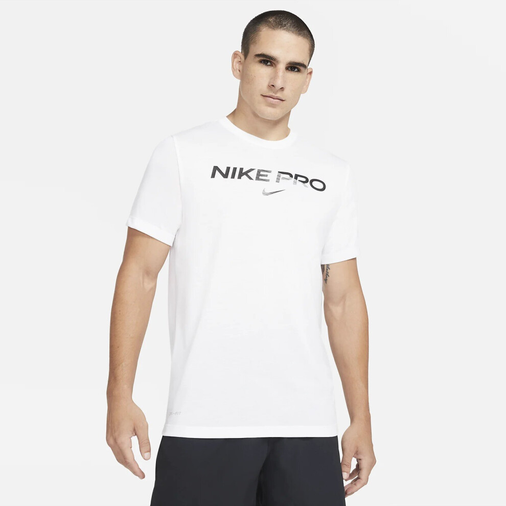 (DA1587-100 Nike Pro Mens T Shirt White S) Nike Pro Mens T Shirt Dri Fit Gym Tee DA1587