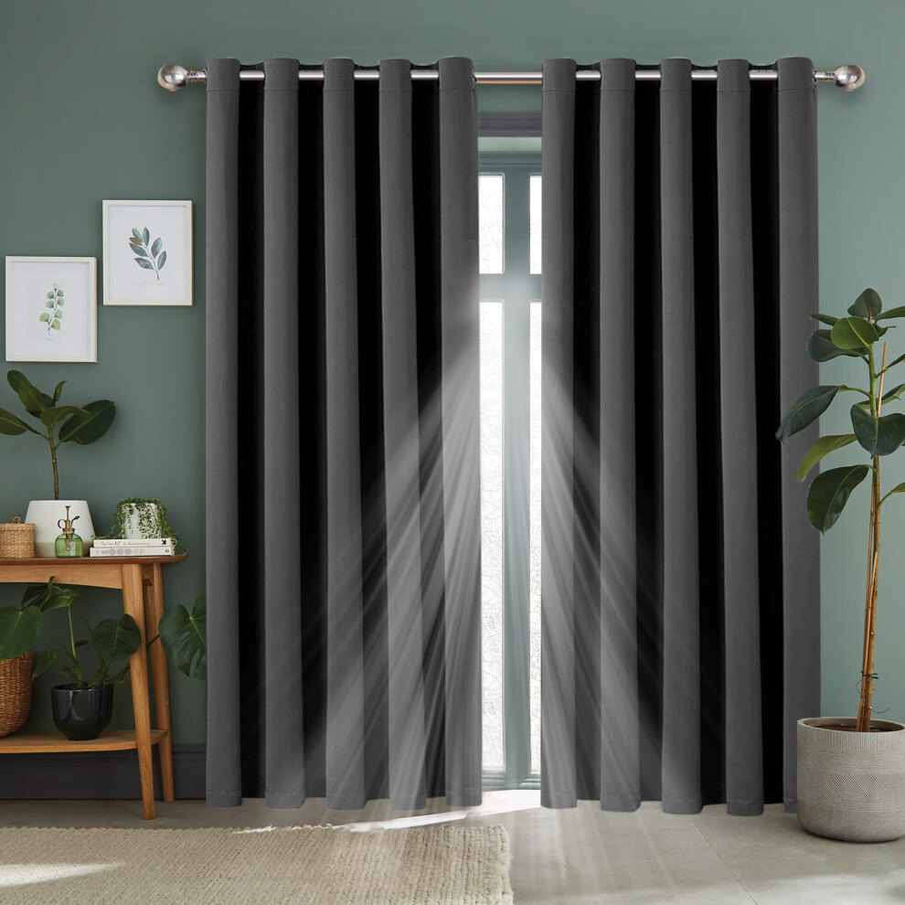 (Grey, 66" x 54") 100 % Blackout Eyelet Ring Top Curtain Pair Thermal Insulated with Tie Backs-image-OPC-P9N6CY7-NEW