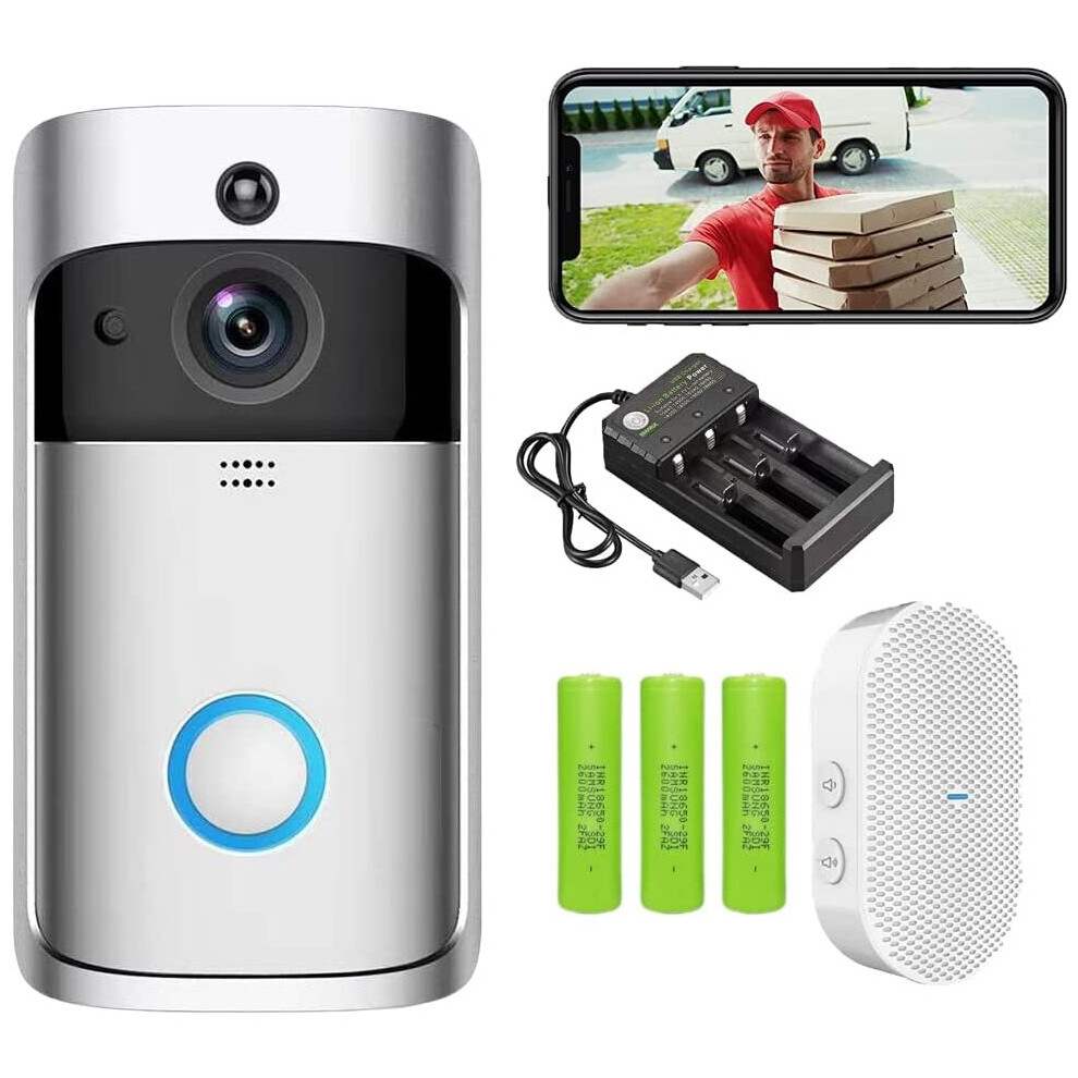 (Siliver Doorbell+Ring Chime+3x2600mAh Batteries) Smart Phone Wireless WiFi Video Doorbell Wireless