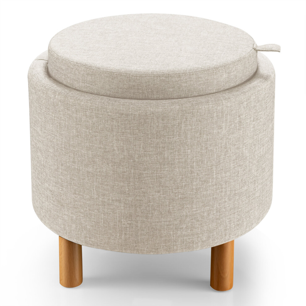 Round Storage Ottoman with Tray  Fabric Sitting Stool w/ Soft Padding
