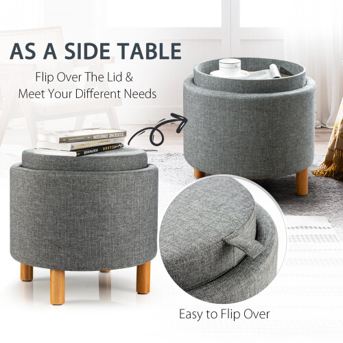 Costway Round Storage Ottoman with Tray  Fabric Sitting Stool w/ Soft Padding 2