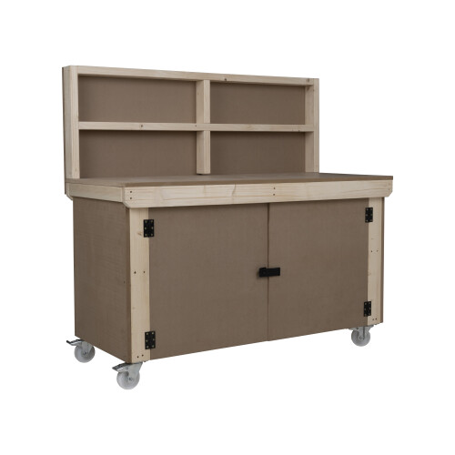 (5ft, Legs With Wheels) Wooden MDF Top Workbench With Lockable Cupboard And Back Panel