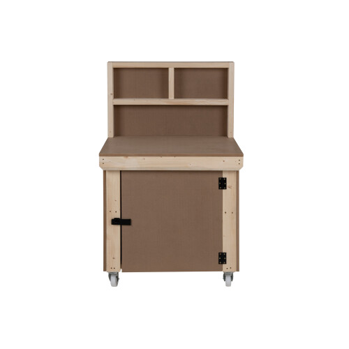 (3ft, Legs With Wheels) Wooden MDF Top Workbench With Lockable Cupboard And Back Panel 1