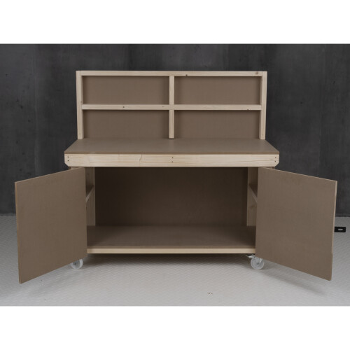(7ft, Legs With Wheels) Wooden MDF Top Workbench With Lockable Cupboard And Back Panel 2