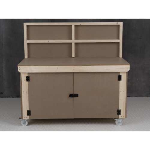 (5ft, Legs With Wheels) Wooden MDF Top Workbench With Lockable Cupboard And Back Panel 1