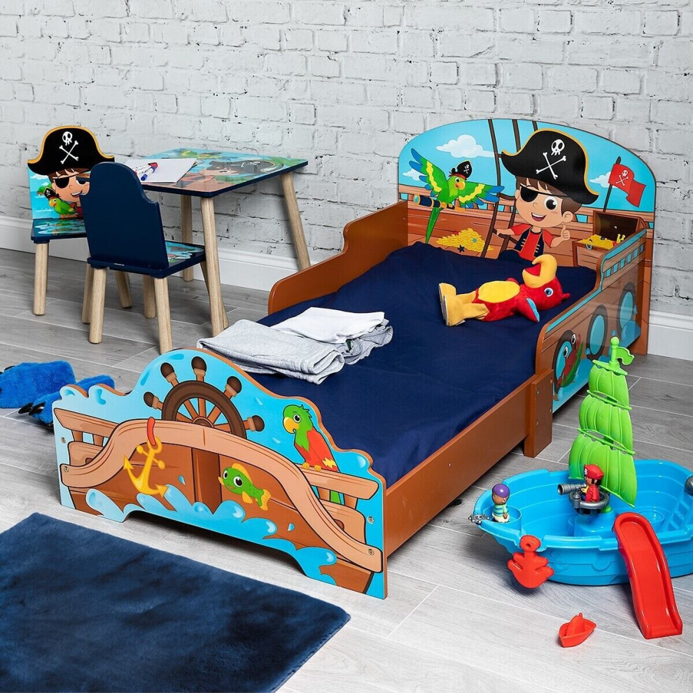 Kids Pirate Theme Wooden Single Bed Ship Boat Frame Guardrails Bedroom