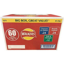 Walkers Crisps Multipack Mixed Flavour Variety Box (Ready Salted, Salt & Vinegar, Cheese & Onion) - 60 x 25g Selection Box