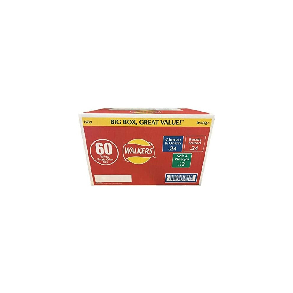 Walkers Crisps Multipack Mixed Flavour Variety Box (Ready Salted, Salt & Vinegar, Cheese & Onion) - 60 X 25G Selection Box