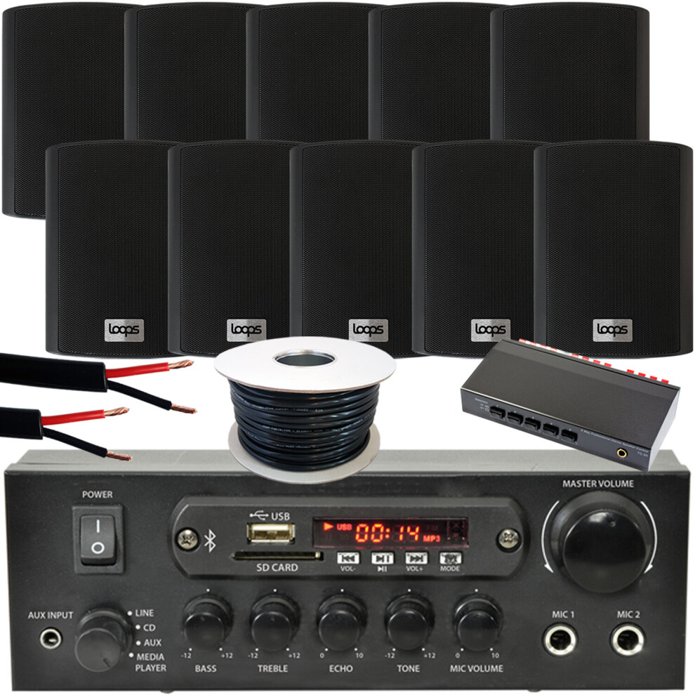 5 Zone Outdoor Bluetooth System 10x 4" 70W Weatherproof Black Speaker Garden Stereo Kit
