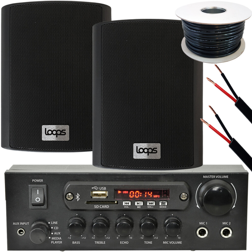 Loops Outdoor Bluetooth Speaker Kit - 2X 4" 70W Black Speakers & Stereo Amp - Garden Bbq Parties