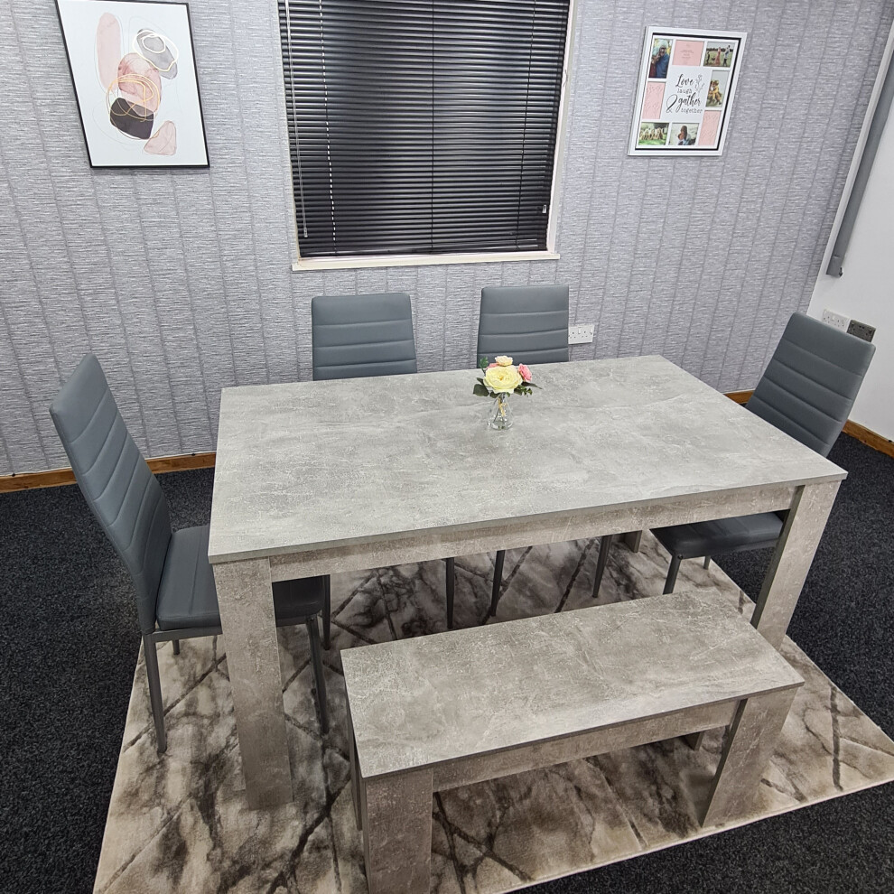 Grey Dining Table and 4 Grey Chairs and 1 Bench Dining Set