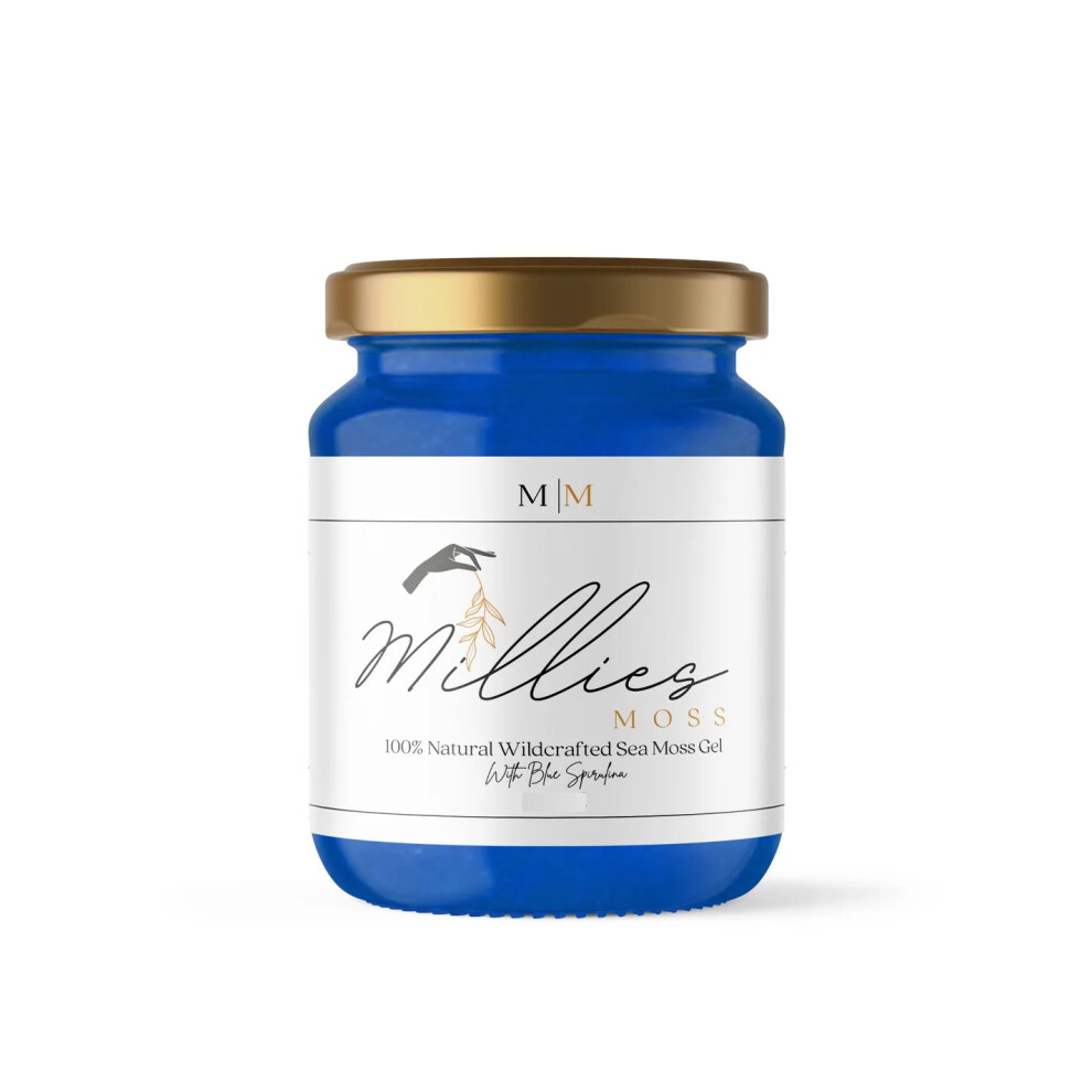 (Infused with Blue Spirulina, 42ml (Tester)) Millie's Moss Organic Caribbean Wildcrafted Sea Moss Gel, Dr Sebi Approved, Vegan Friendly, Made To Order