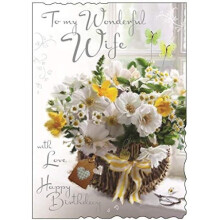 Large Wife Birthday Card - (JJ-V120) - Basket of Flowers - Velvet Range - Embossed, Foil and Flitter Finish
