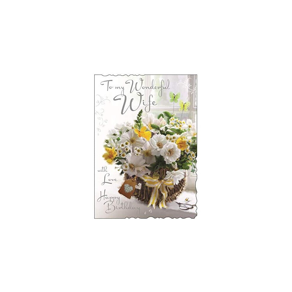 Large Wife Birthday Card - (JJ-V120) - Basket of Flowers - Velvet Range - Embossed, Foil and Flitter Finish