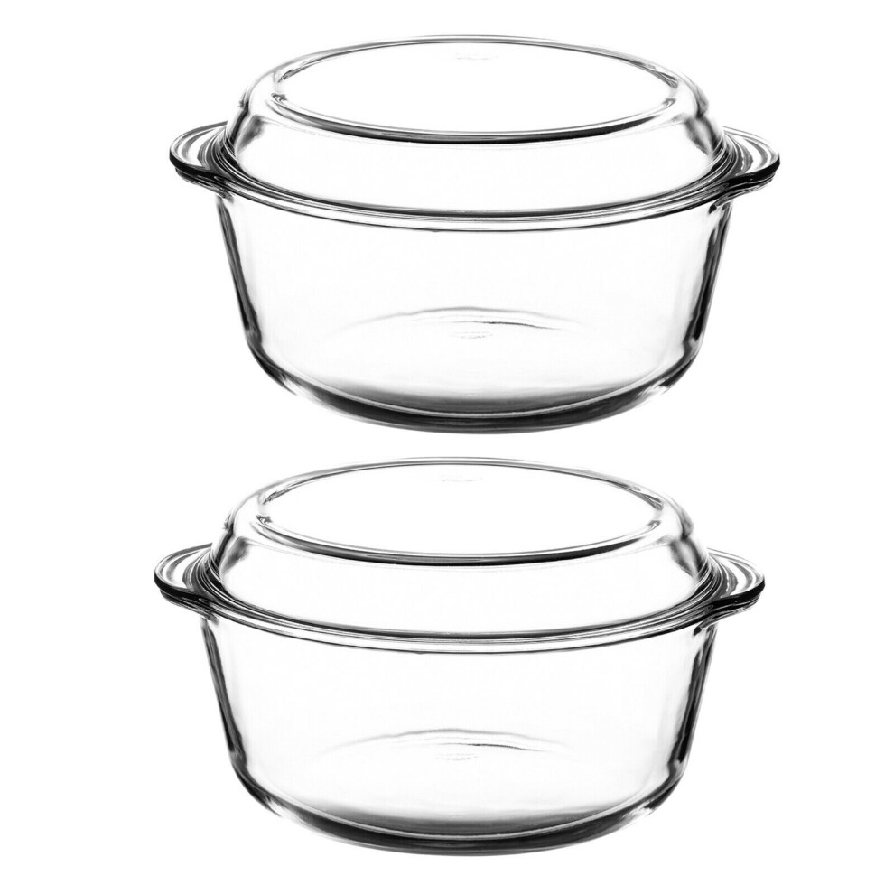 2x Pasabahce Large Round Glass Casserole Oven Dish Non Stick Cooking