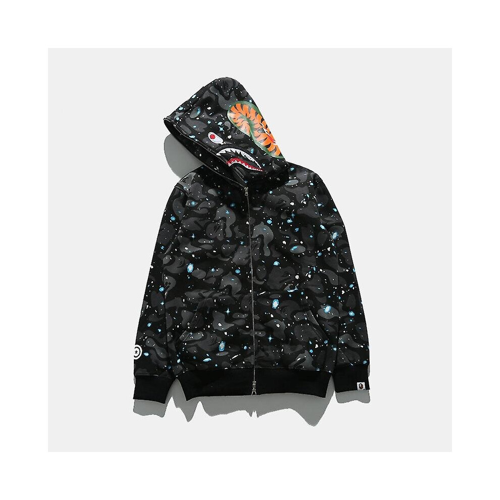 (B, M) Shark Head Camo Hoodie Men Long Sleeve Zip Up Sweatshirt Hip Hop Casual Thin Coat