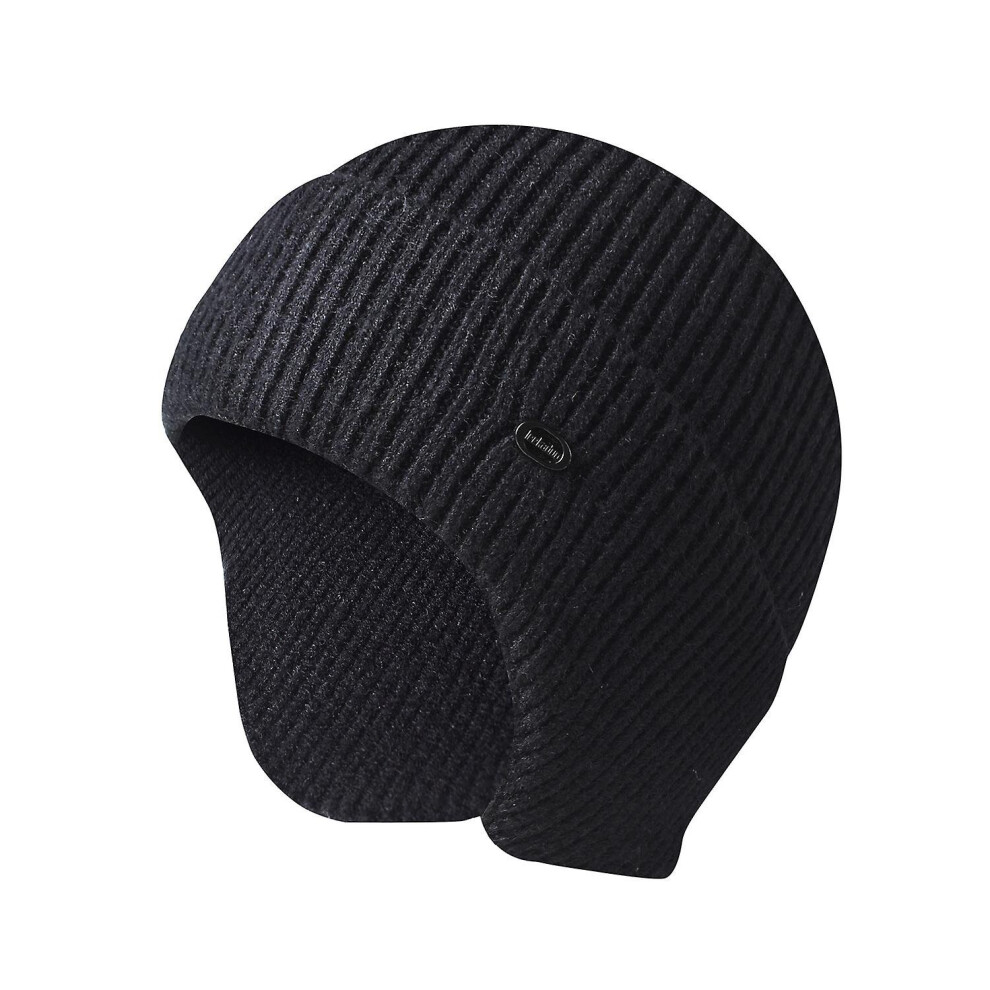 (Black) Men Women Knit Hat Winter Warm Stretch Beanie Ear Flaps Cap For Outdoor Work Ski