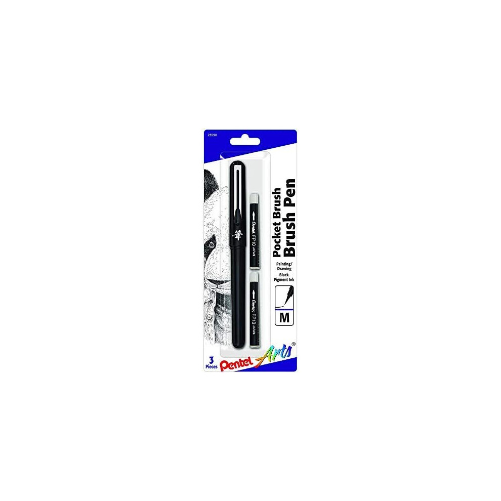 Pentel Arts Pocket Brush Pen, Includes 2 Black Ink Refills (GFKP3BPA)