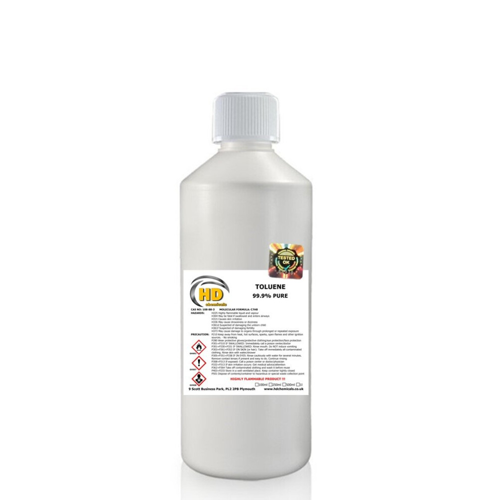 Hd Chemicals Ltd (500Ml) Toluene Toluol 99.9% Solvent Paint Thinner Cleaner Clear
