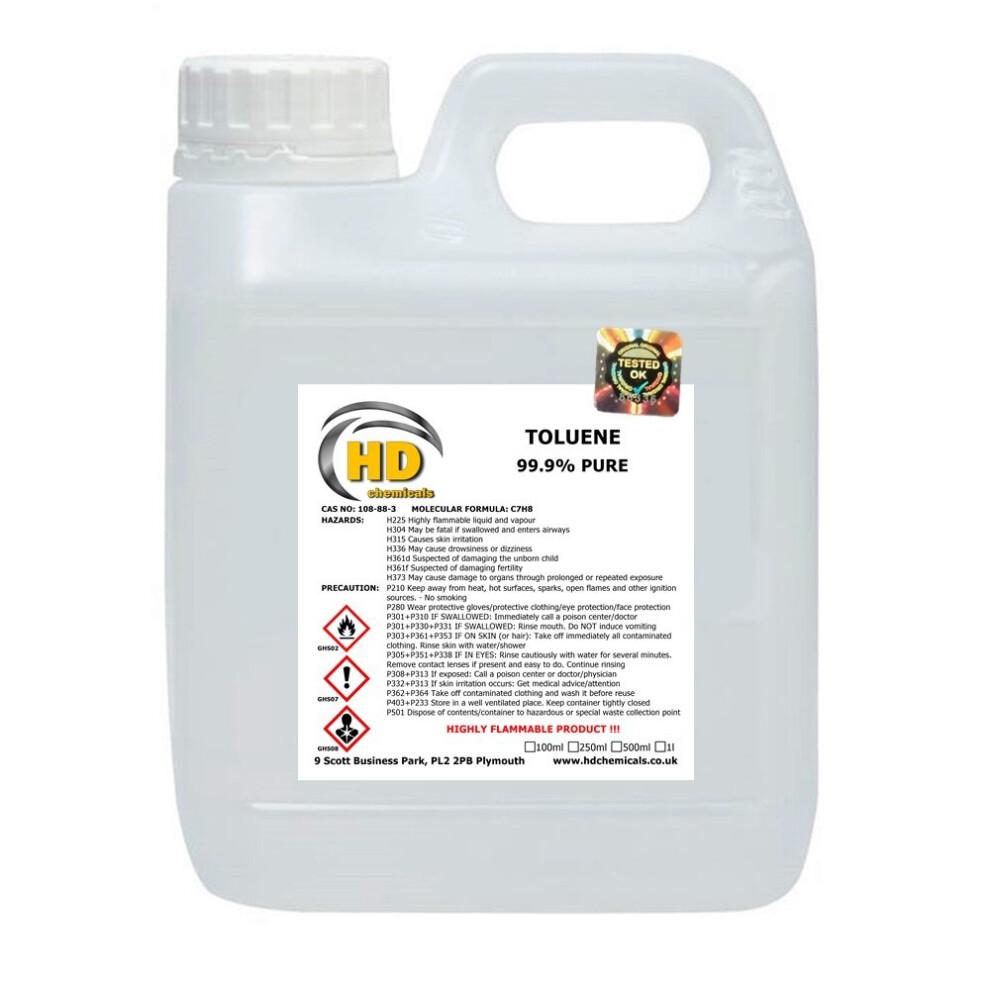 Hd Chemicals Ltd (1000Ml - 1L) Toluene Toluol 99.9% Solvent Paint Thinner Cleaner Clear
