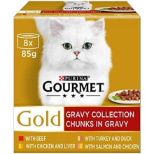 Gourmet Gold Chunks in Gravy Cat Food – Beef, 8 x 85g | Complete & Balanced for Adult Cats