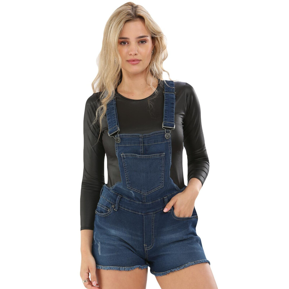 (Dark Wash, UIK 14) Ladies Denim Dungaree Stretchable Jean Short Dress