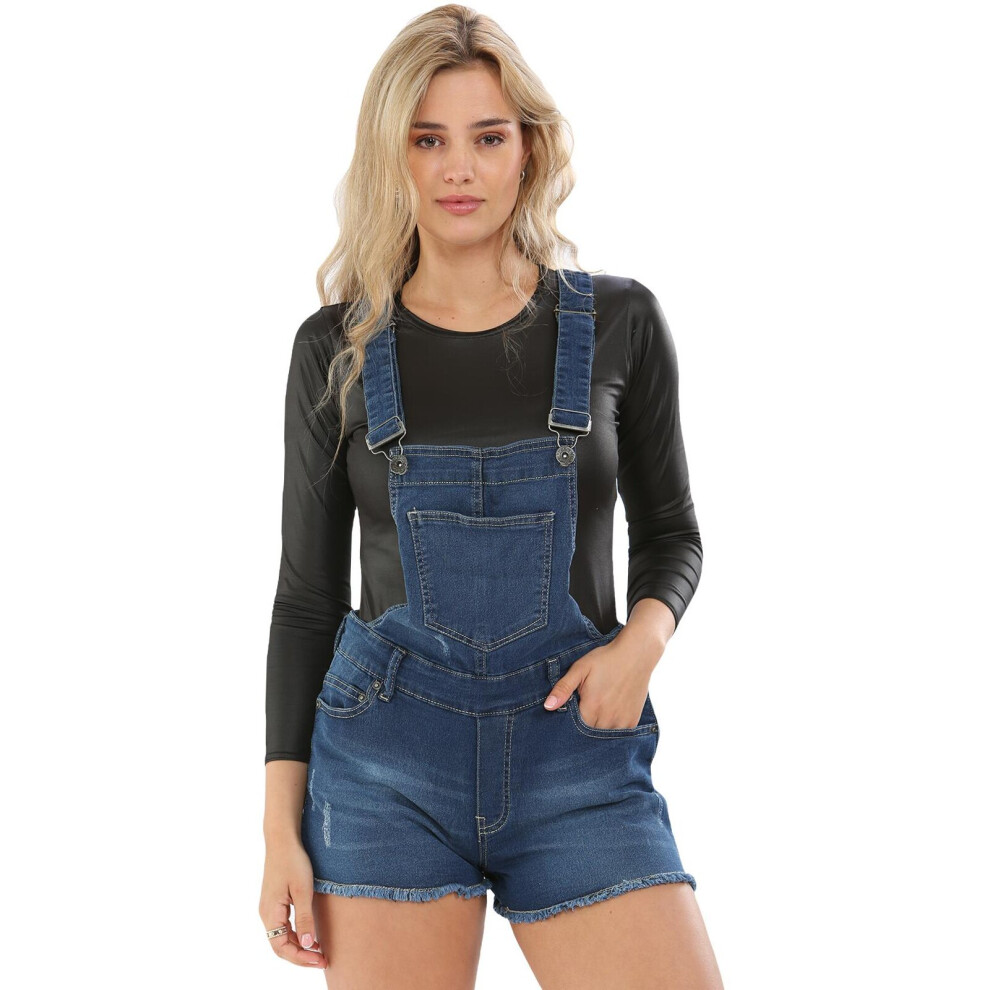 (Stone Wash, UIK 14) Ladies Denim Dungaree Stretchable Jean Short Dress