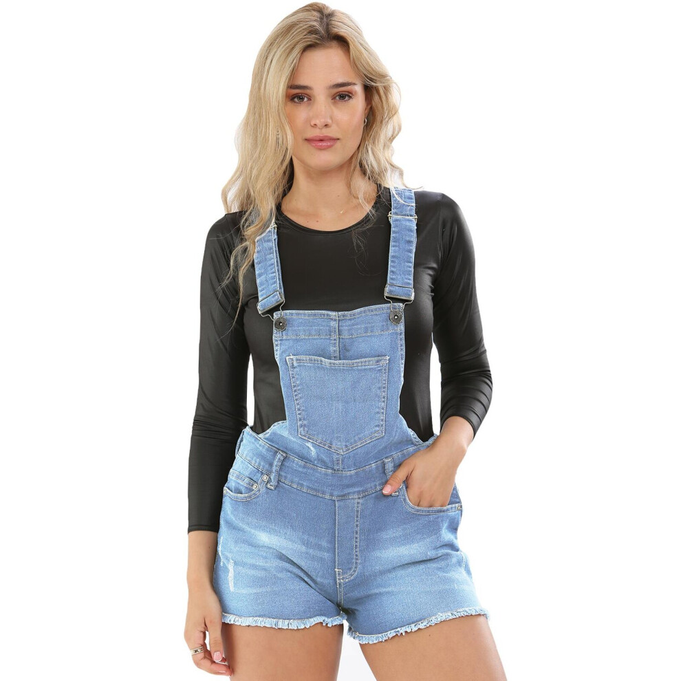 (Light Wash, UIK 12) Ladies Denim Dungaree Stretchable Jean Short Dress