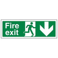VSafety Fire Exit Arrow Down Sign - Landscape - 450mm x 150mm - 2mm Rigid Plastic