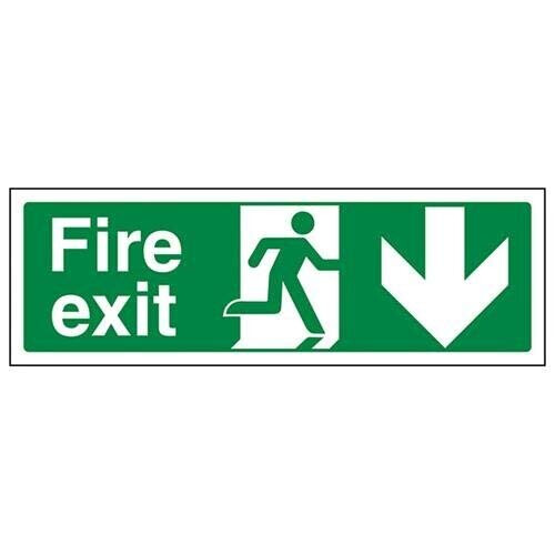 VSafety Fire Exit Arrow Down Sign - Landscape - 450mm x 150mm - 2mm Rigid Plastic