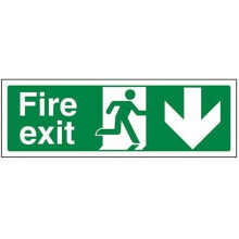 VSafety Fire Exit Arrow Down Sign - Landscape - 300mm x 100mm - Self Adhesive Vinyl