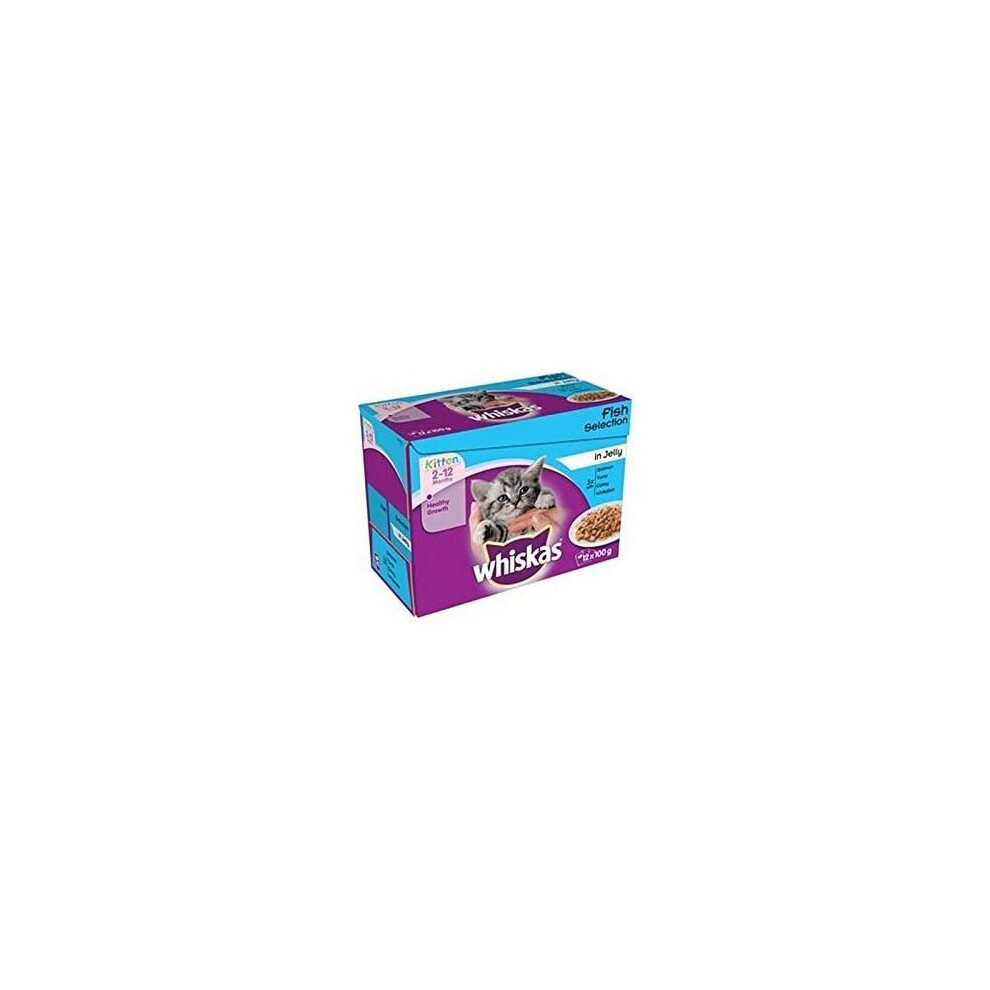 whiskas 2-12 Months Kitten Food Pouches Fish Selection in Jelly 12 x 100g (1.2kg) (Pack of 2)