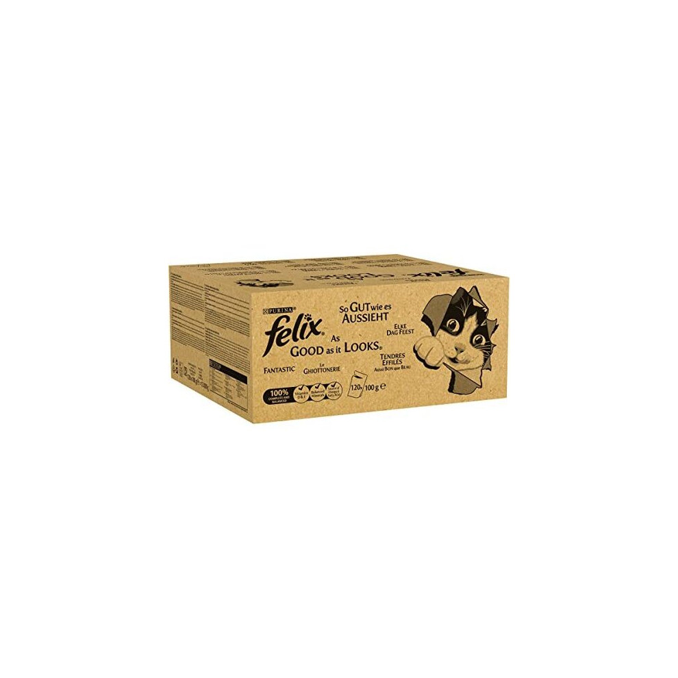 Felix Cat Food As Good As It Looks in Jelly with Beef, Chicken, Cod and Tuna (120Â x 100Â g Bag)