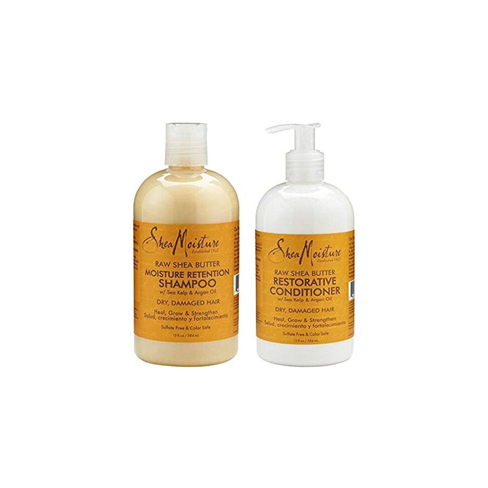 Shea Moisture Raw Shea Butter, DUO set Moisture Retention Shampoo + Restorative Conditioner, 13 Ounce, 1 each by Shea Moisture