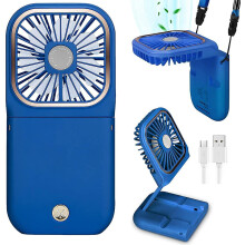(Blue) Mini Usb Fan Folding Mobile Power Supply Fan Hanging Neck Electric Fan Desktop Phone Holder