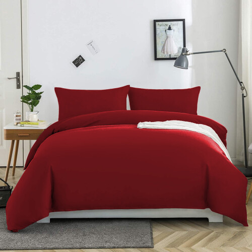 (Red, Super King) Plain Dyed Duvet Cover Single Double King Bed Set
