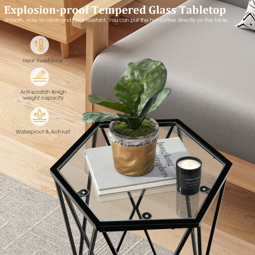 Costway Hexagonal Side Table w/ Tempered Glass Top & Metal Frame 1